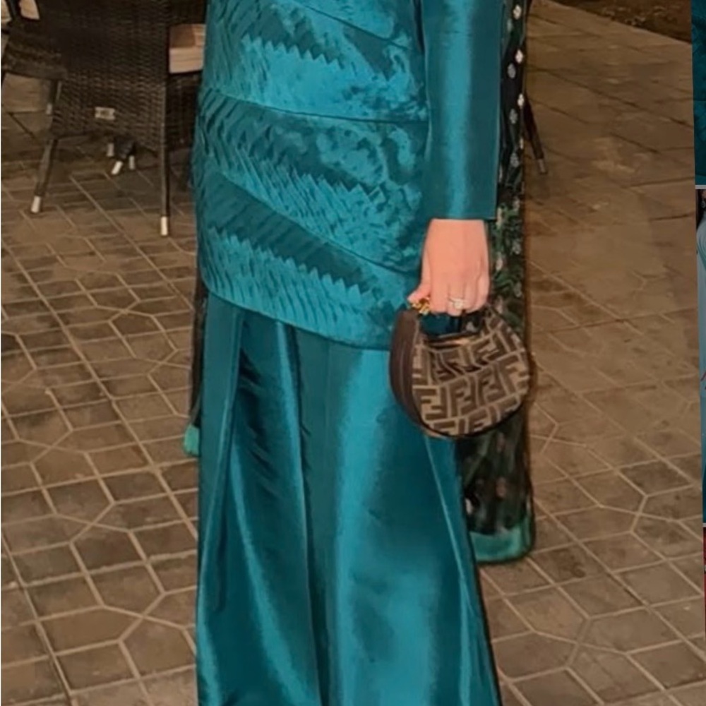 Teal Satin Farshi shalwar kameez Pakistani.